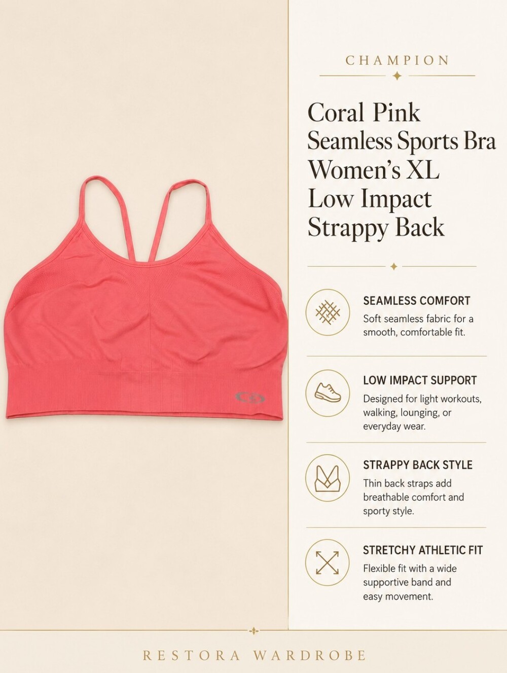 Champion Seamless Sports Bra Coral Pink XL Low Impact Strappy Back